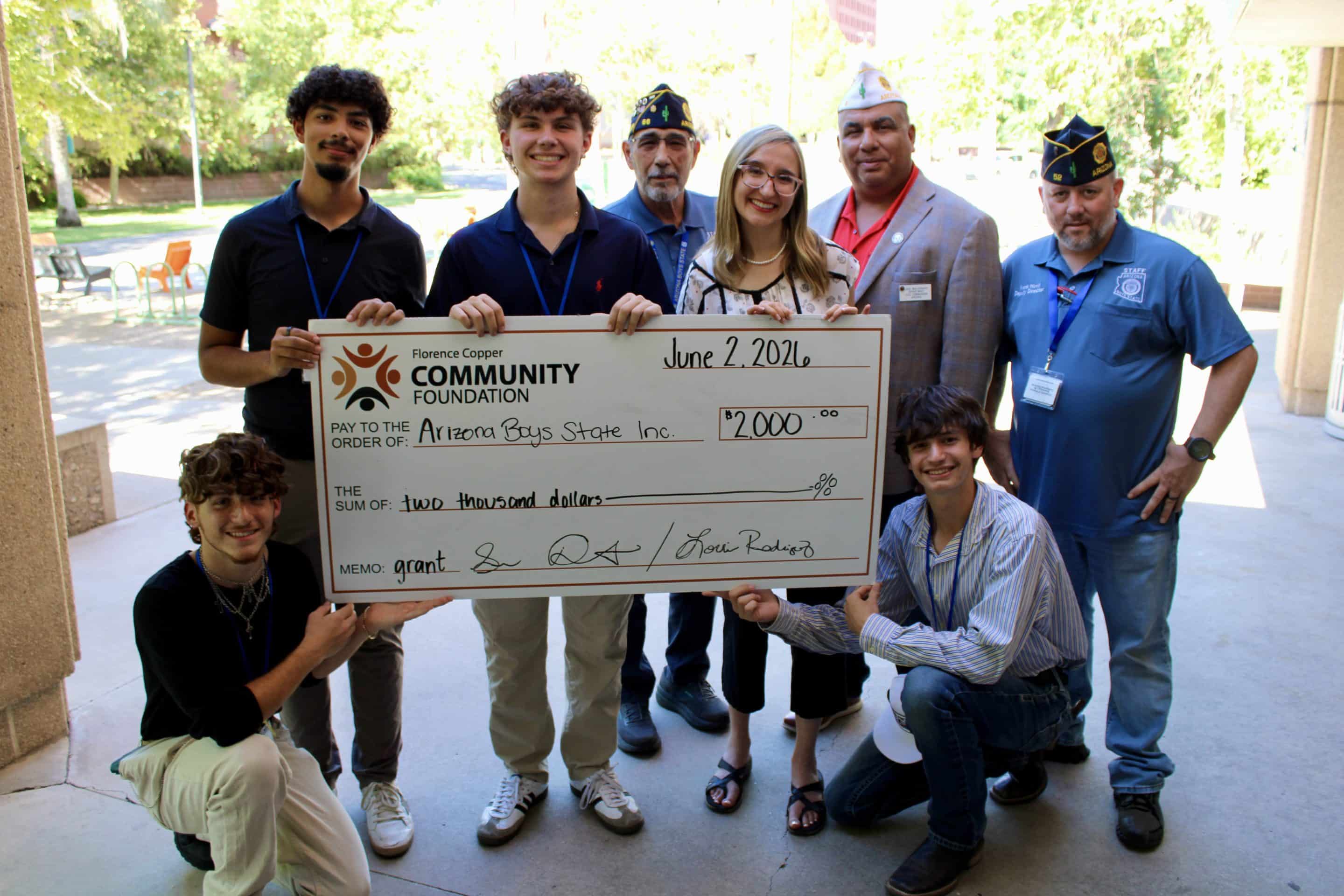 Image of the Arizona Boys State and their awarded grant from Florence Copper